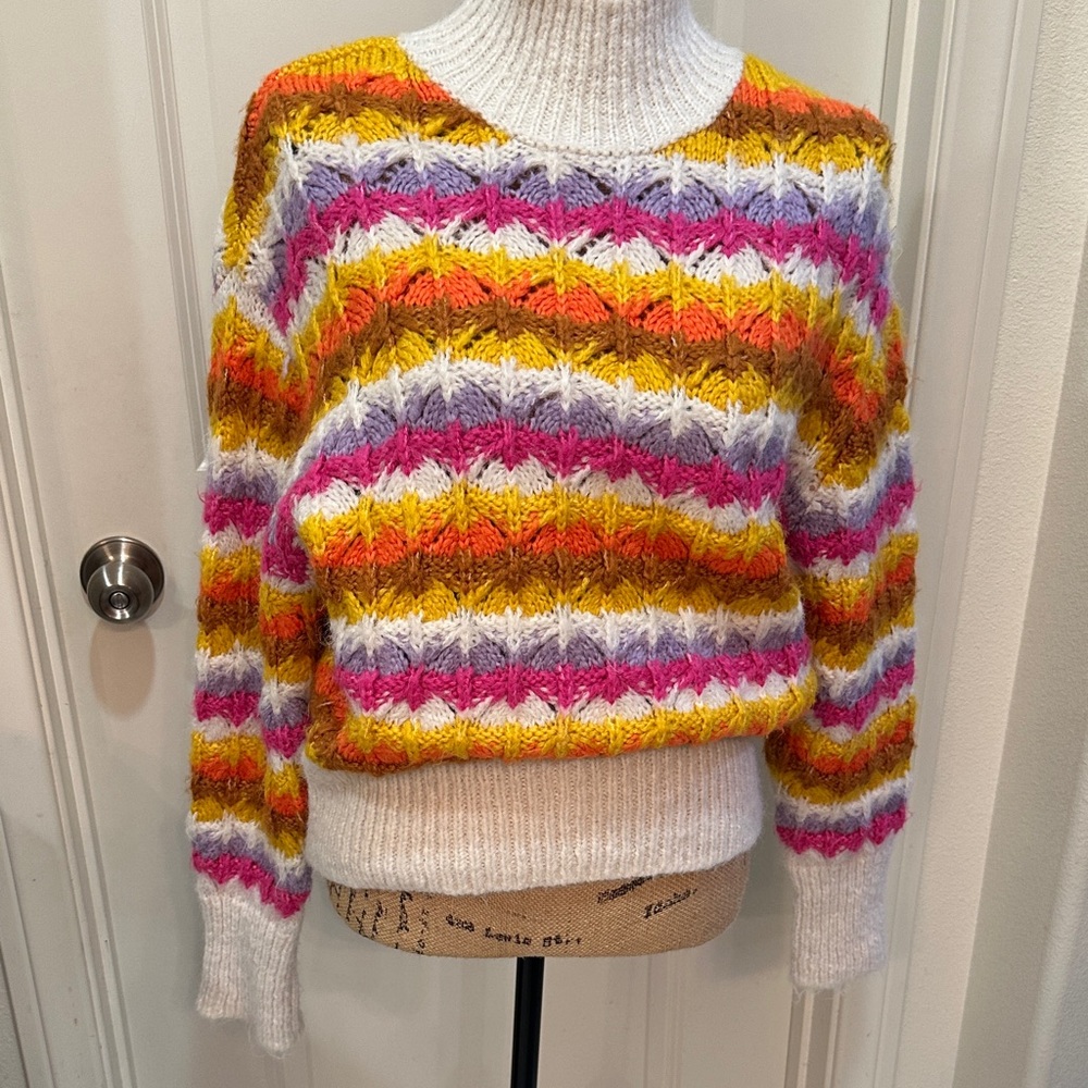 Zara Chunky woven Jacquard Rainbow knit Sweater size Small